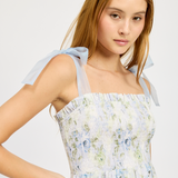 Scarlet Smocked Organza Tie Mini Dress - Blue Sage Floral [En Saison]