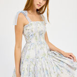 Scarlet Smocked Organza Tie Mini Dress - Blue Sage Floral [En Saison]