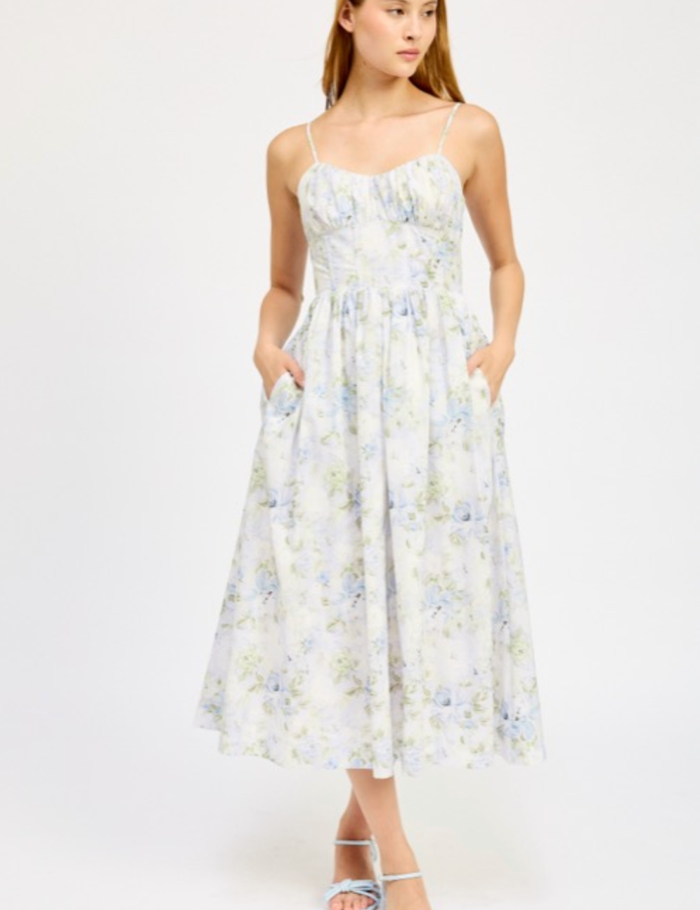 Scarlet Tie Back Corset Midi Dress - Blue Sage Floral [En Saison]