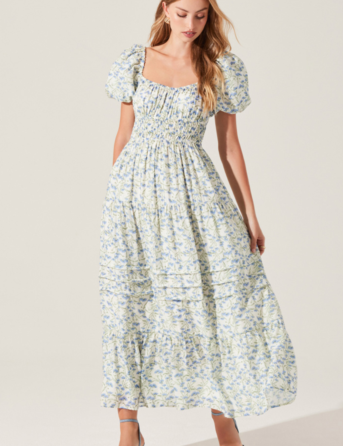 Florentina Floral Puff Sleeve Midi Dress - Cream Blue Floral [ASTR]