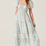 Florentina Floral Puff Sleeve Midi Dress - Cream Blue Floral [ASTR]