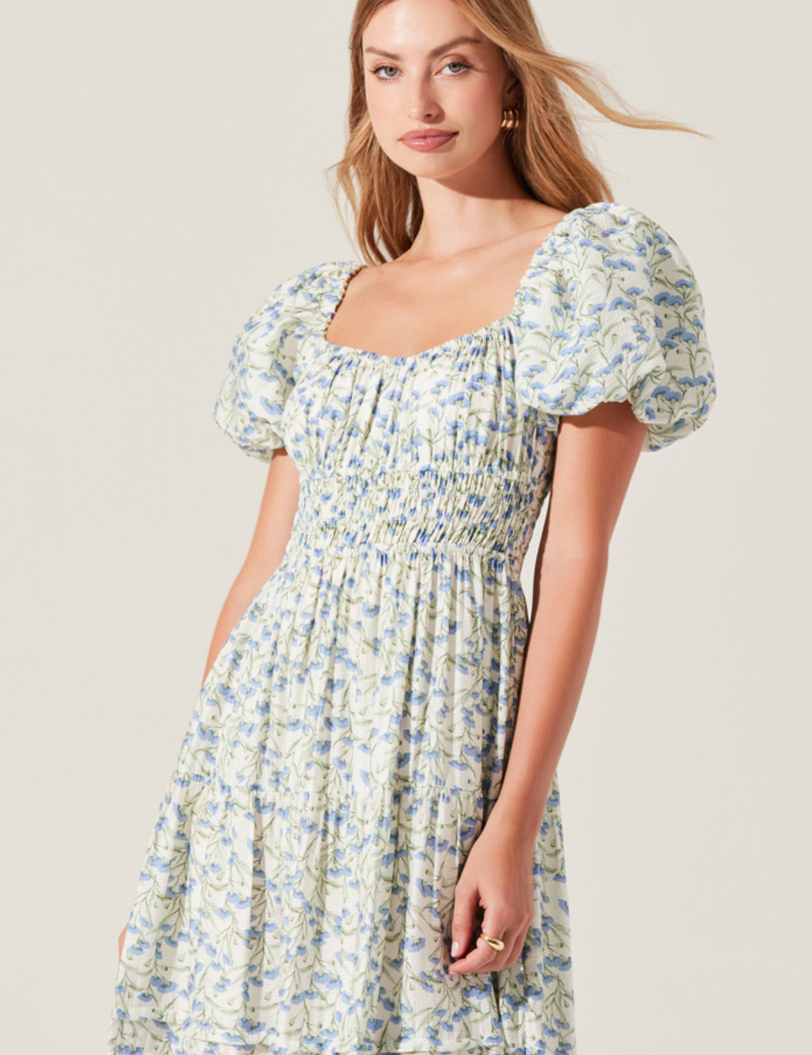 Florentina Floral Puff Sleeve Midi Dress - Cream Blue Floral [ASTR]