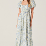 Florentina Floral Puff Sleeve Midi Dress - Cream Blue Floral [ASTR]