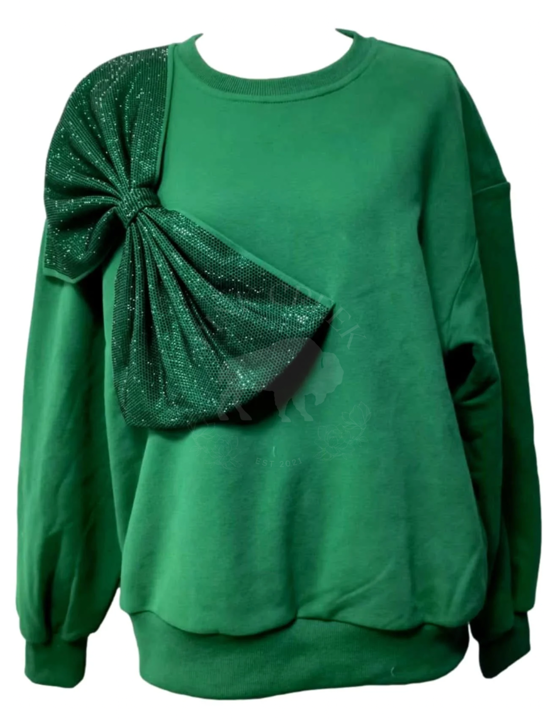 Preorder - Oversized Rhinestone Bow Sweatshirt - Emerald Green [Queen of Sparkles]