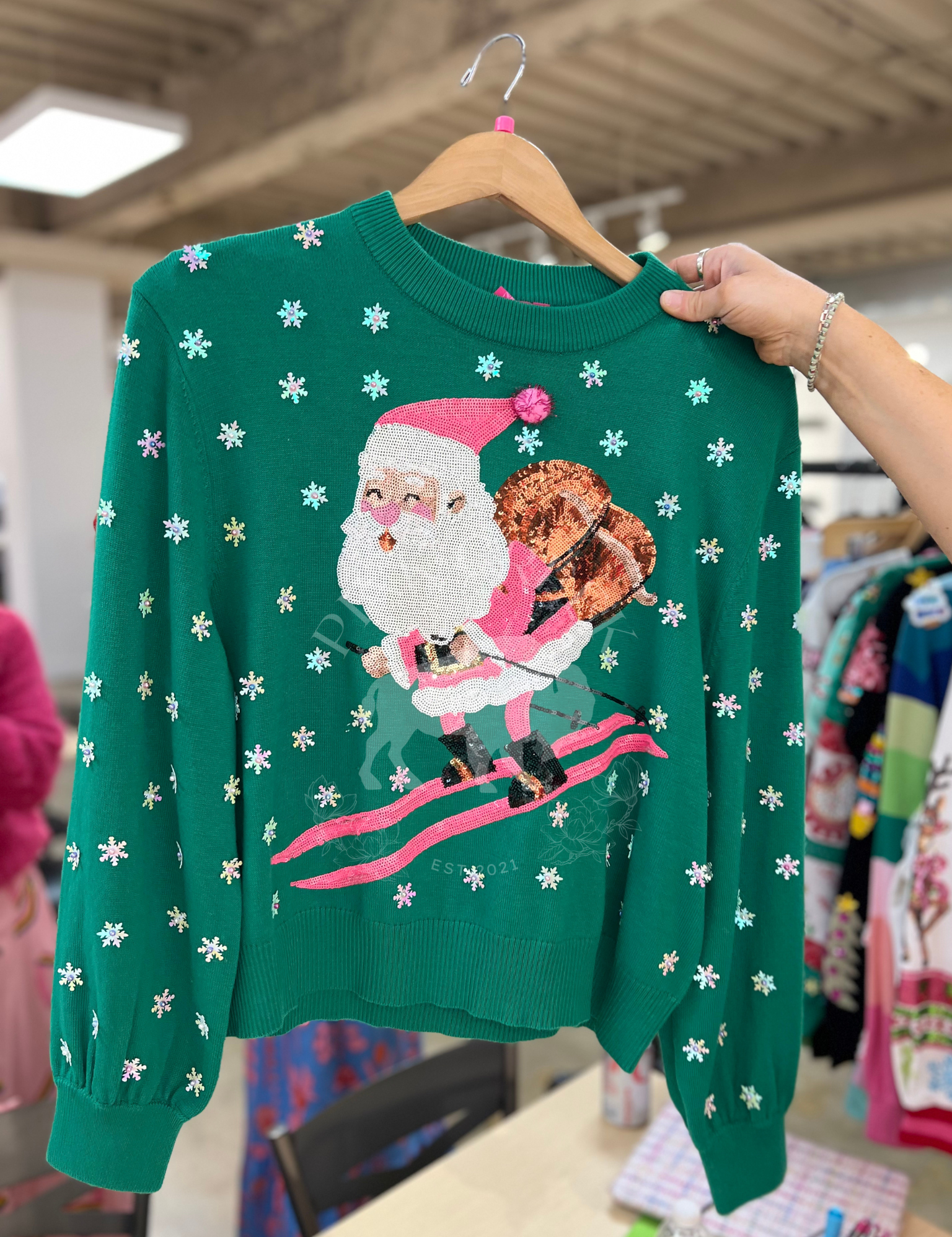 Santa Skiing Sweater - Green & Neon Pink [Queen of Sparkles]