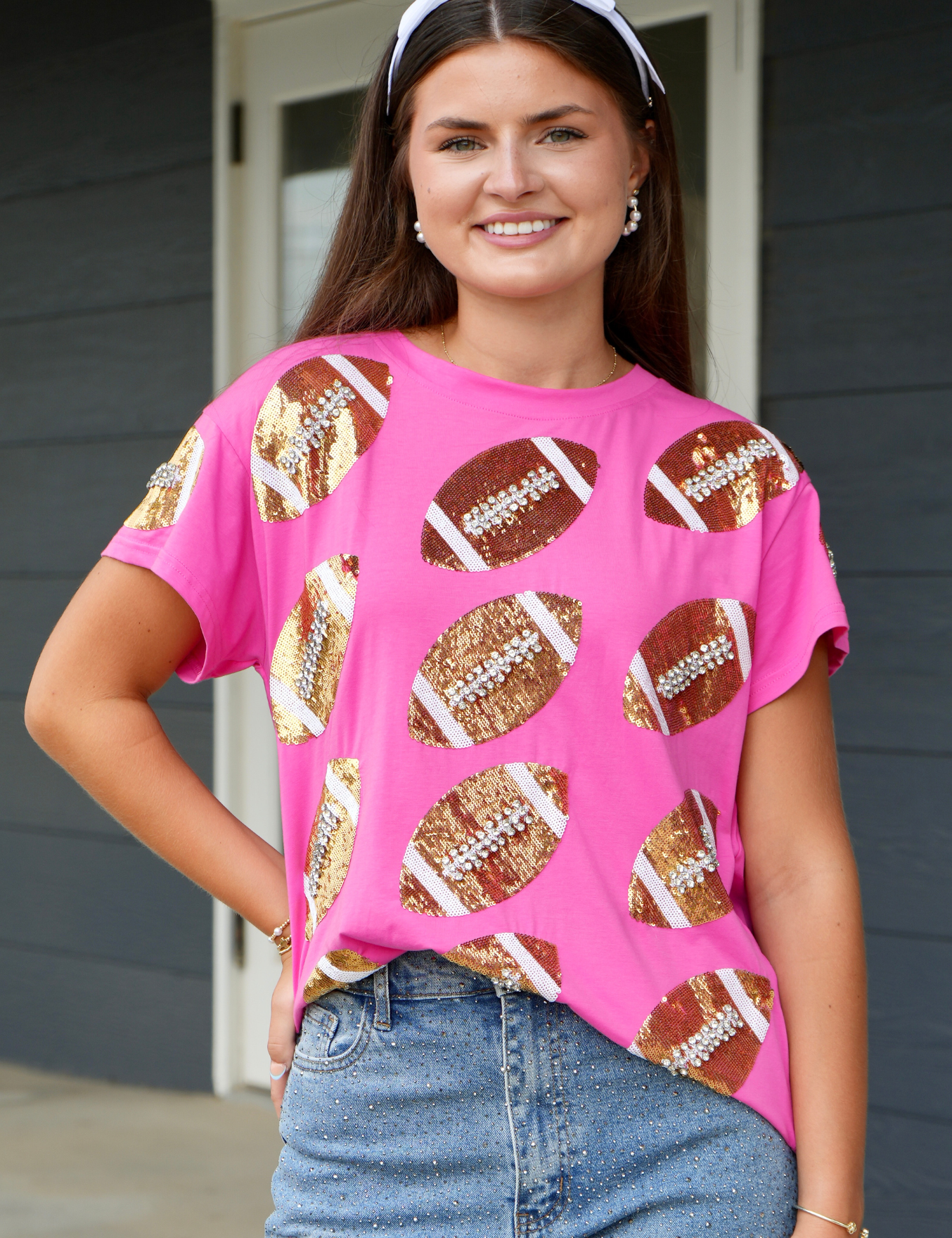 Rhinestone Lace Football Tee - Pink & Gold [Queen of Sparkles]