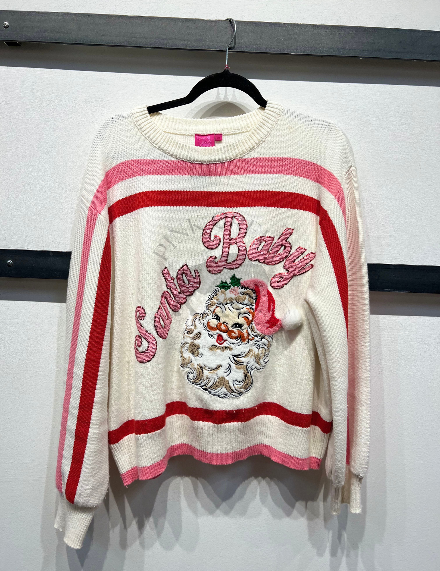 Stripe Santa Baby Fuzzy Santa Sweater - Red, Pink & White [Queen of Sparkles]