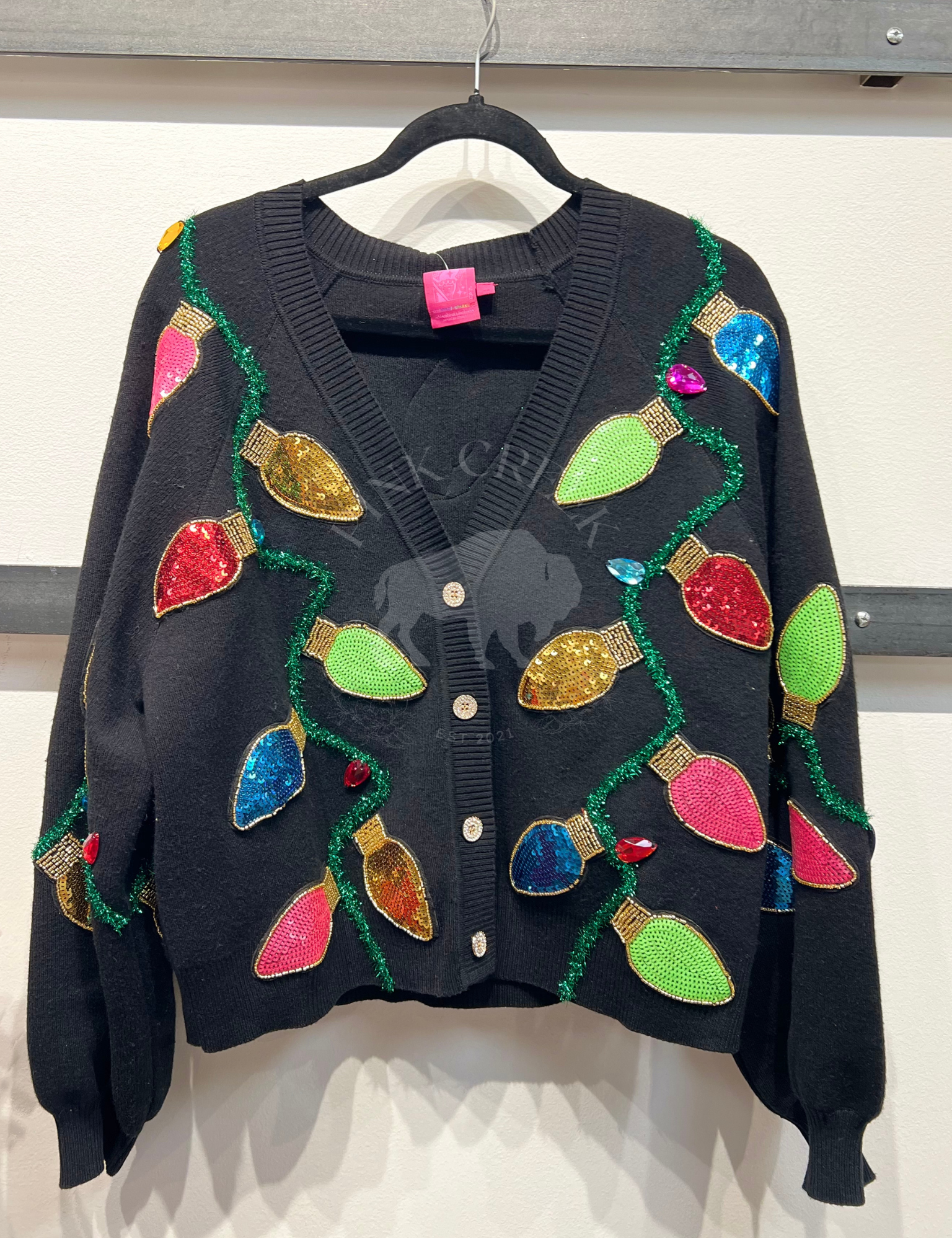 Multi Christmas Light Cardigan With Tinsel & Jewels - Black [Queen of Sparkles]