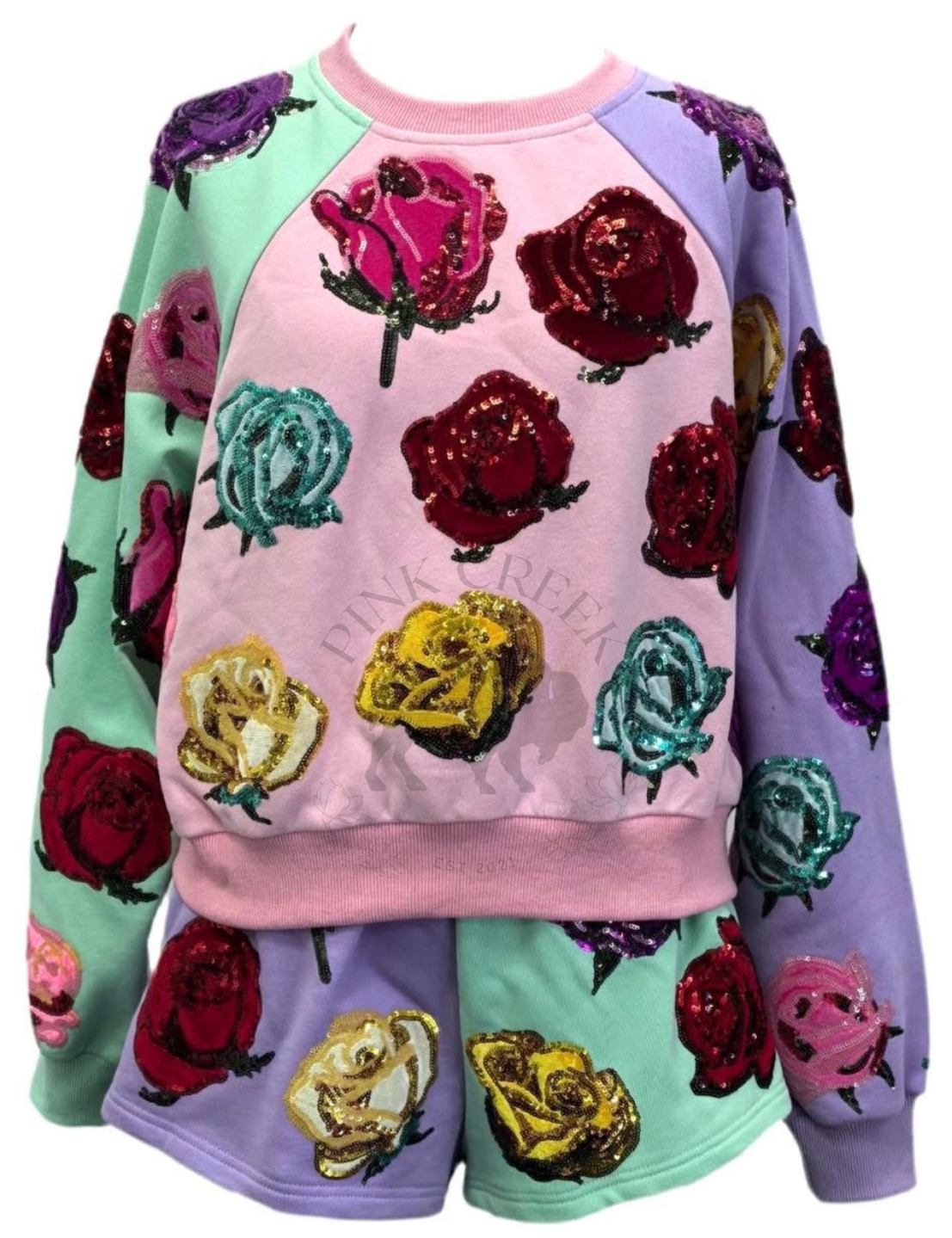 Colorblock Velvet Roses Sweatshirt - Pastel [Queen of Sparkles]