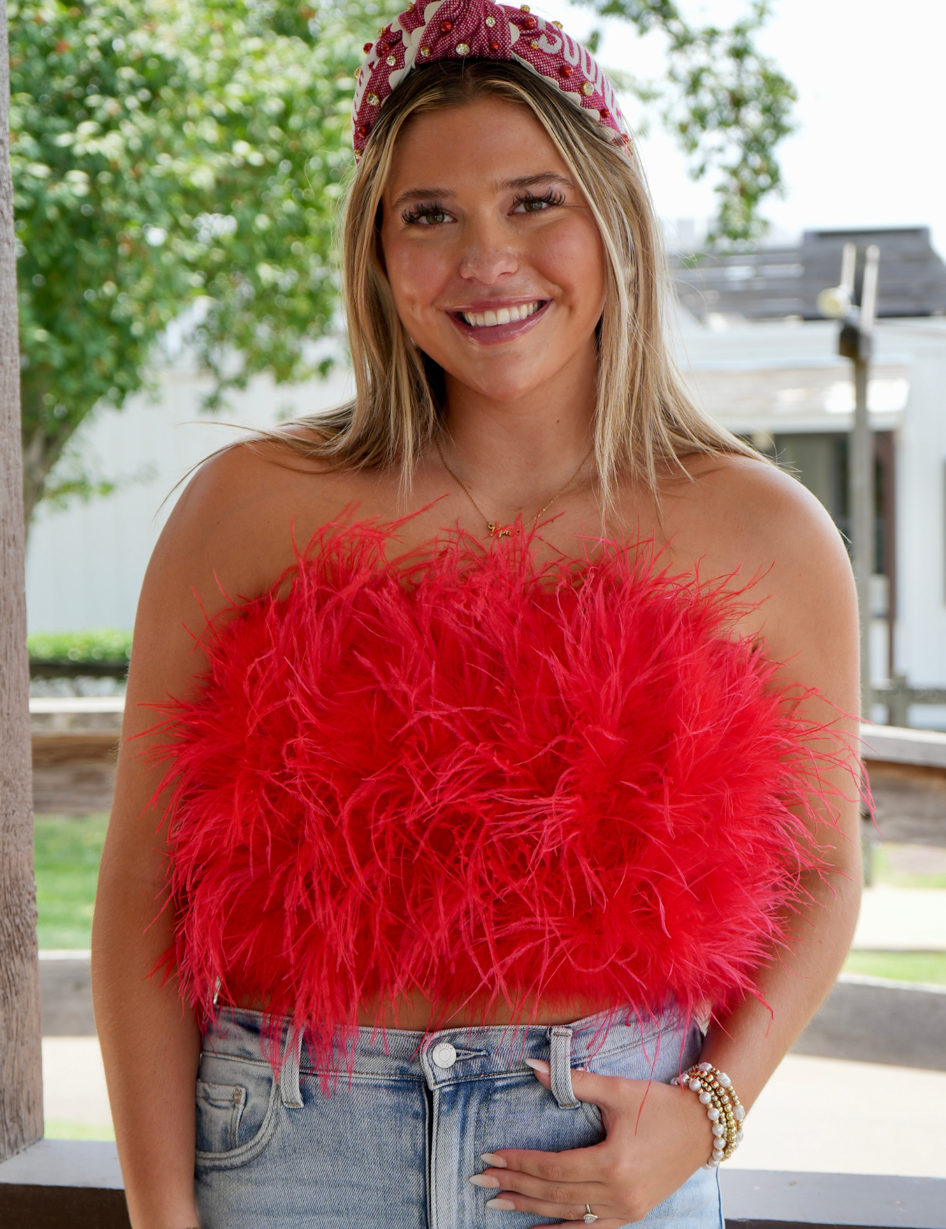 Fancy Strapless Feather Crop Top - Crimson [BuddyLove]