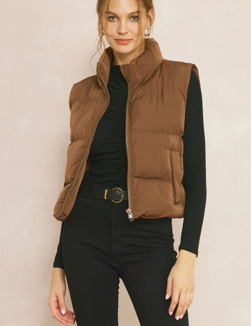 Luna Cropped Puffer Zip-Up Vest Chocolate