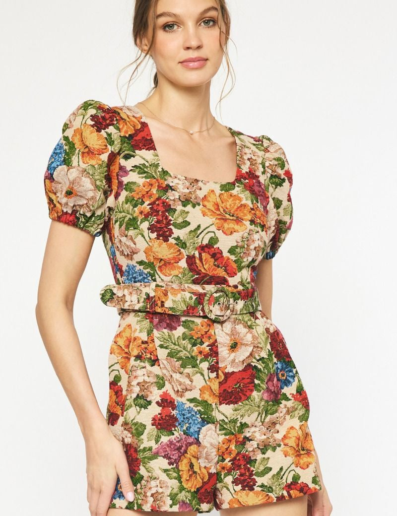 Valentina Floral Puff Sleeve Romper Taupe