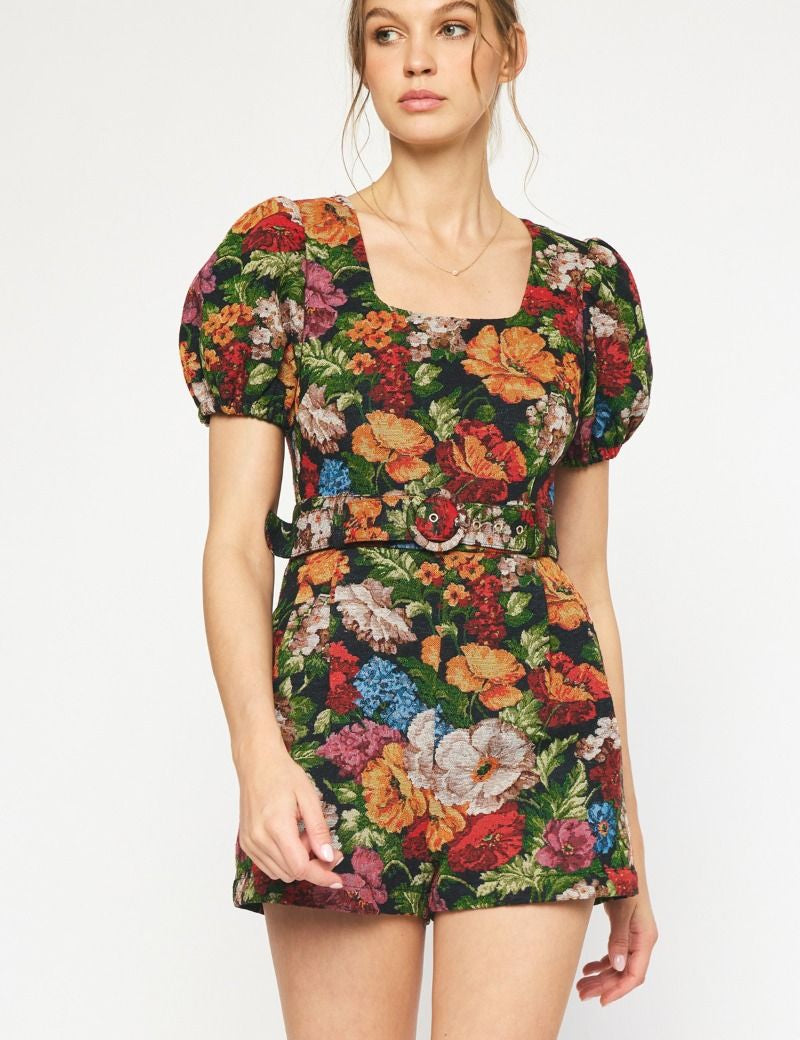 Valentina Floral Puff Sleeve Romper Black