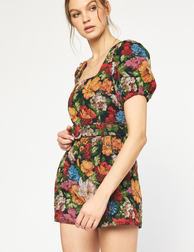 Valentina Floral Puff Sleeve Romper Black