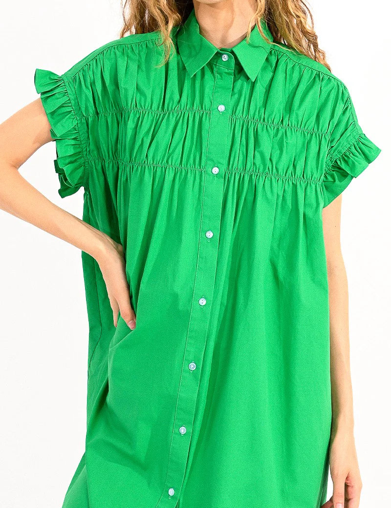 Elsa Gathered Shirt Dress - Green