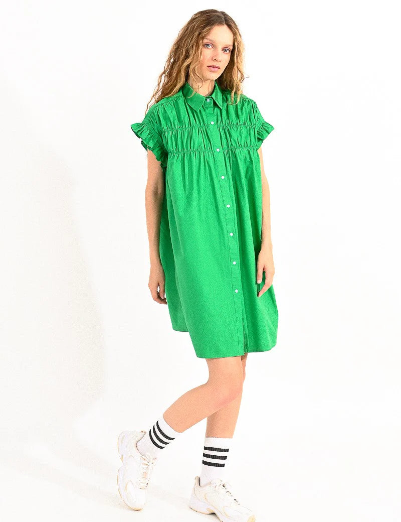 Elsa Gathered Shirt Dress - Green