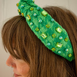 Green Knit Headband with Crystals & Pearls