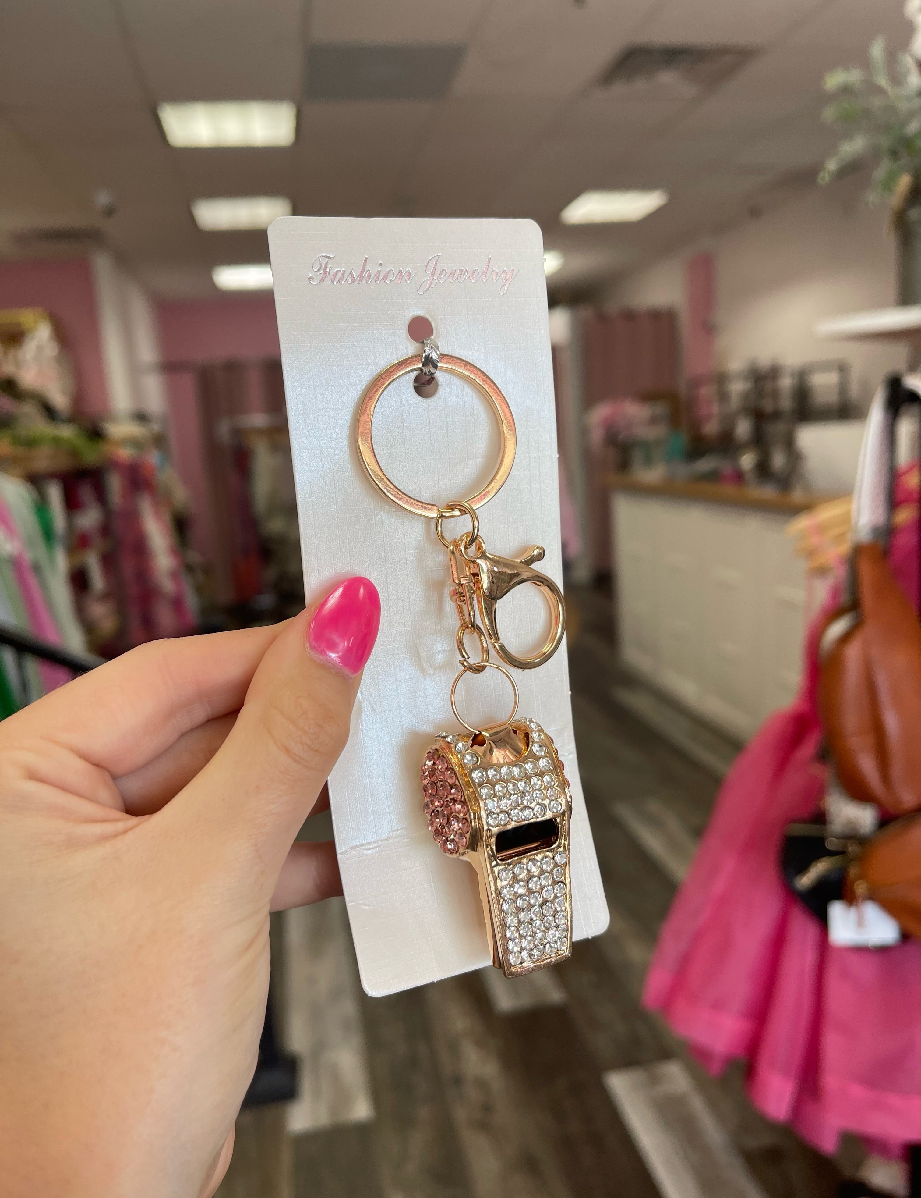 Pink Rhinestone Whistle Keychain