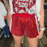 Red Full Sequin Shorts With White Side Stripe Queen of Sparkles