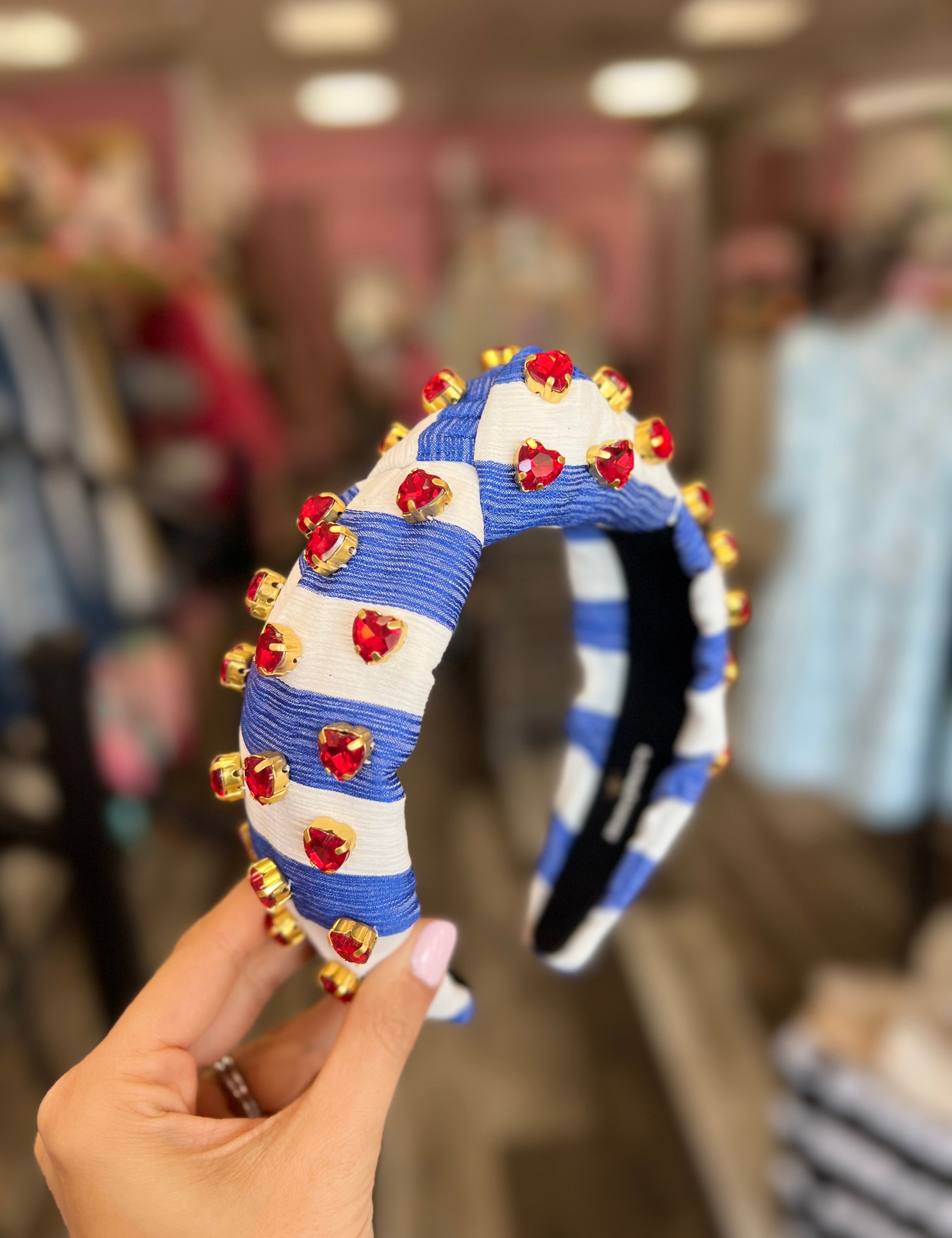 Blue and White Stripe Crystal Headband