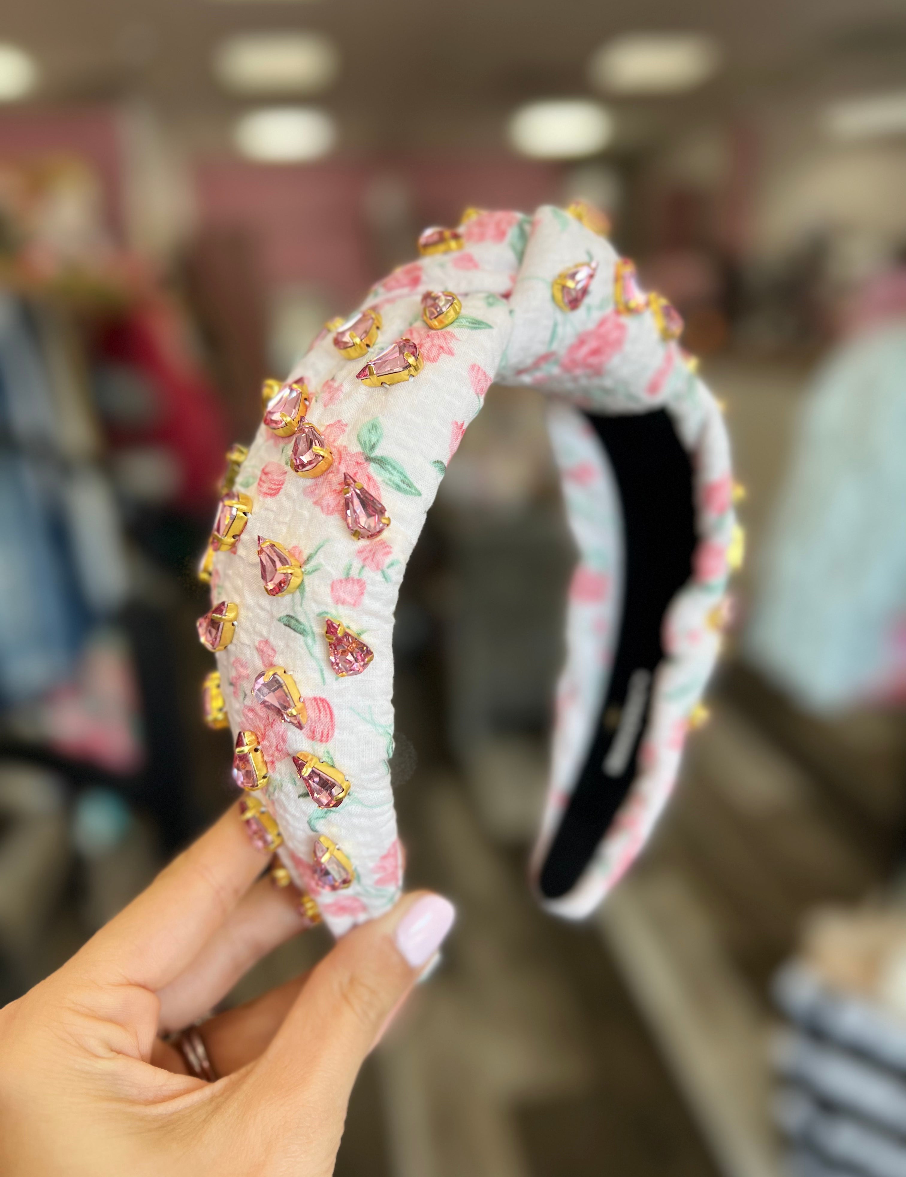 White Fresh Floral and Pink Crystals Headband