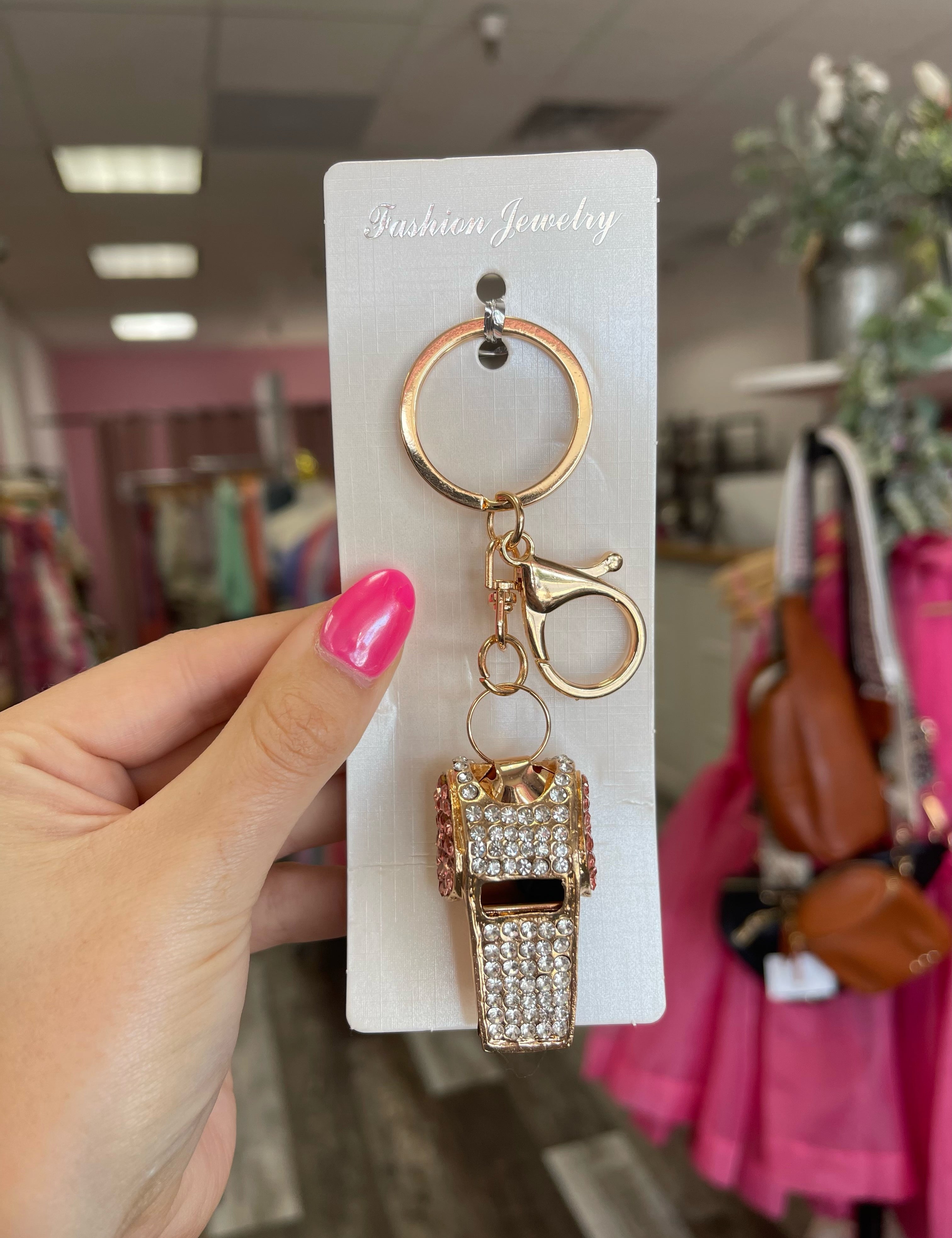 Pink Rhinestone Whistle Keychain