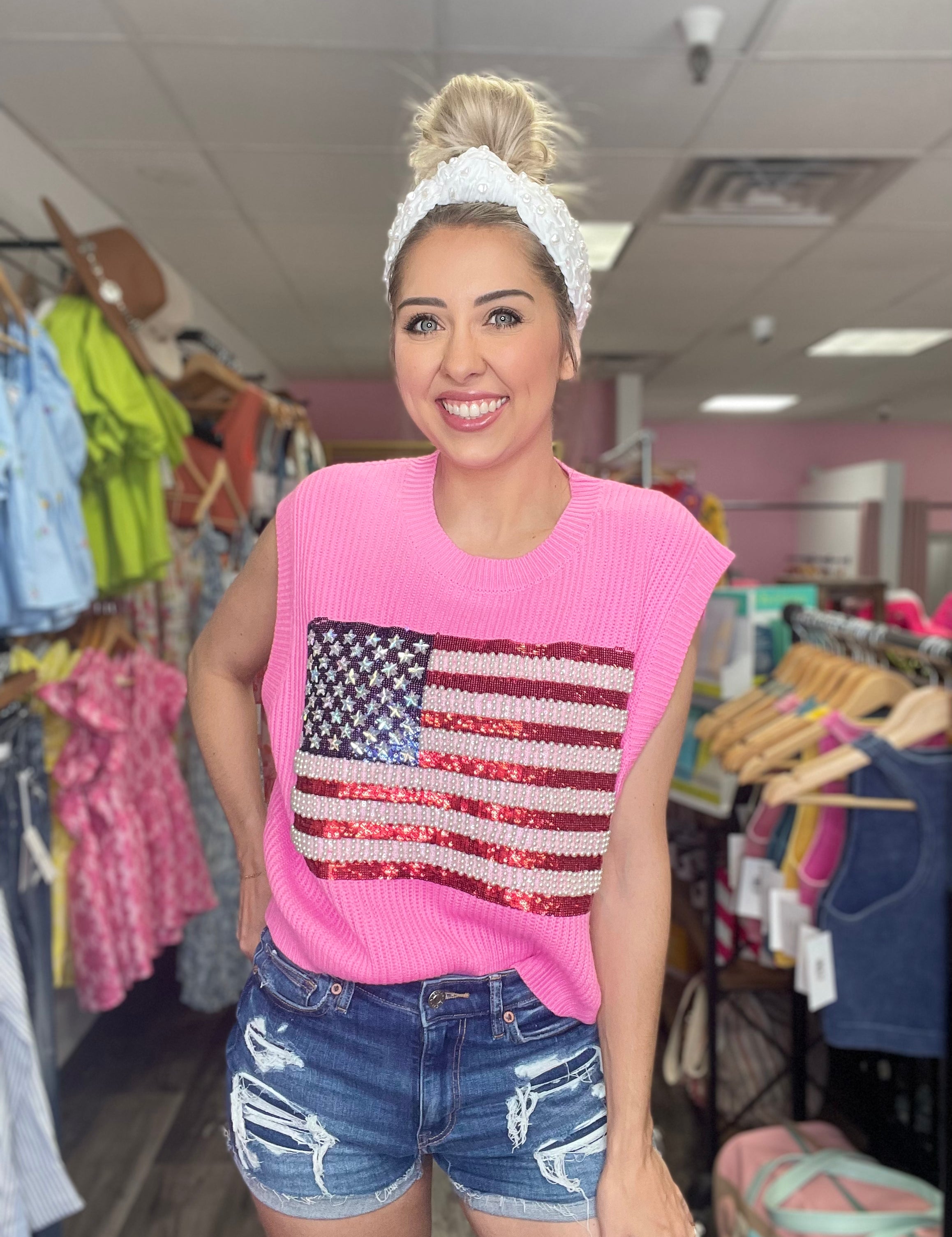 American Flag Sweater Tank - Neon Pink [Queen of Sparkles]