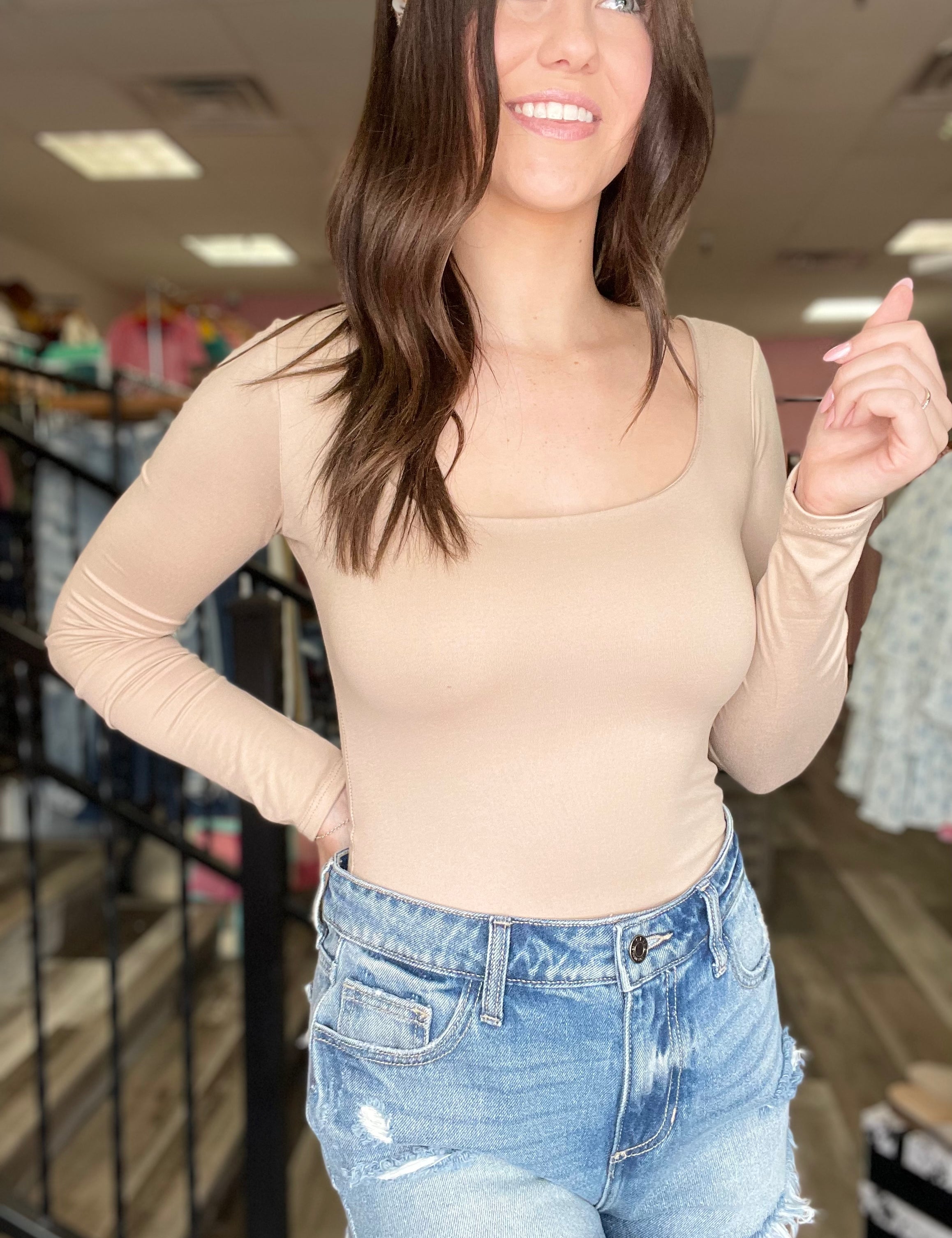 Move On To Better Taupe Scoop Neck long Sleeve Bodysuit