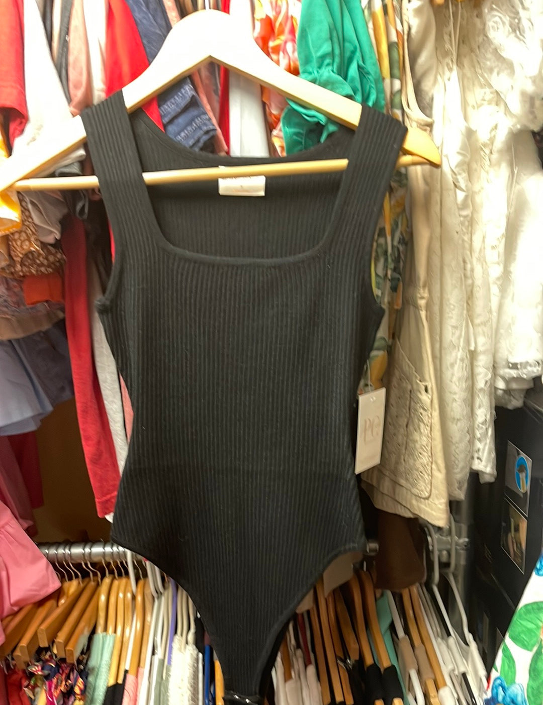 Alaia Ribbed Square Neck Tank Bodysuit Black