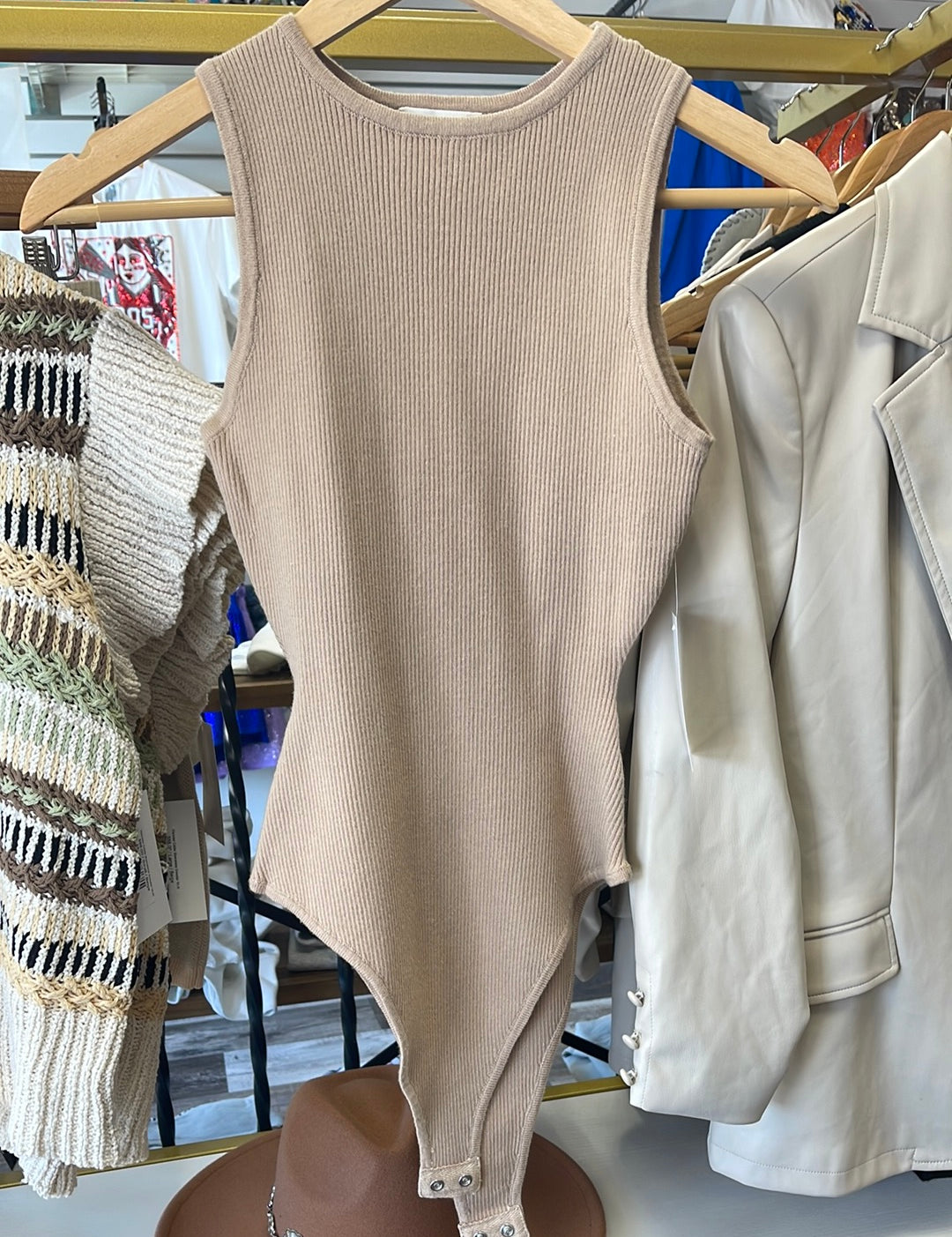 Haider Ribbed High Neck Tank Bodysuit Sand