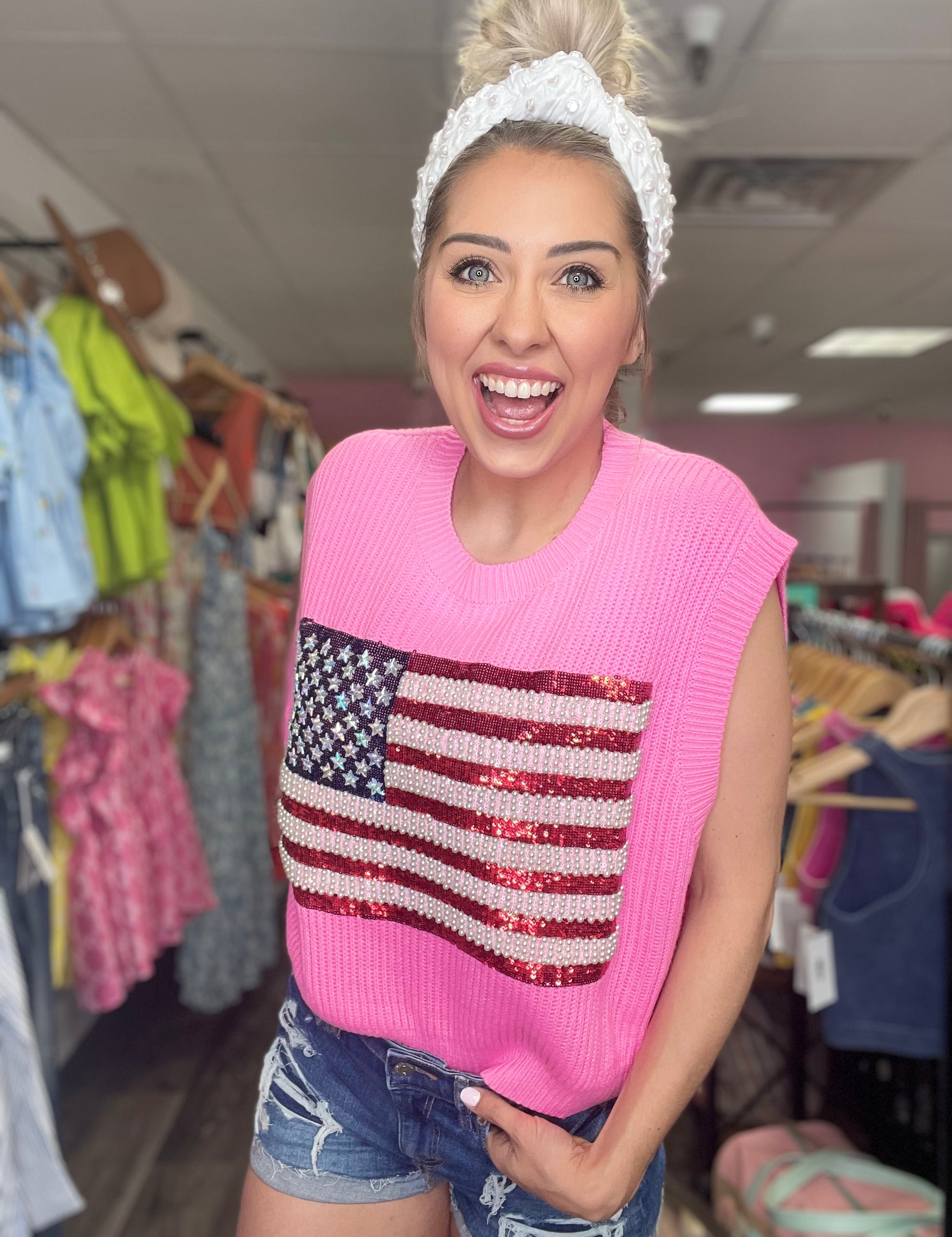 American Flag Sweater Tank - Neon Pink [Queen of Sparkles]