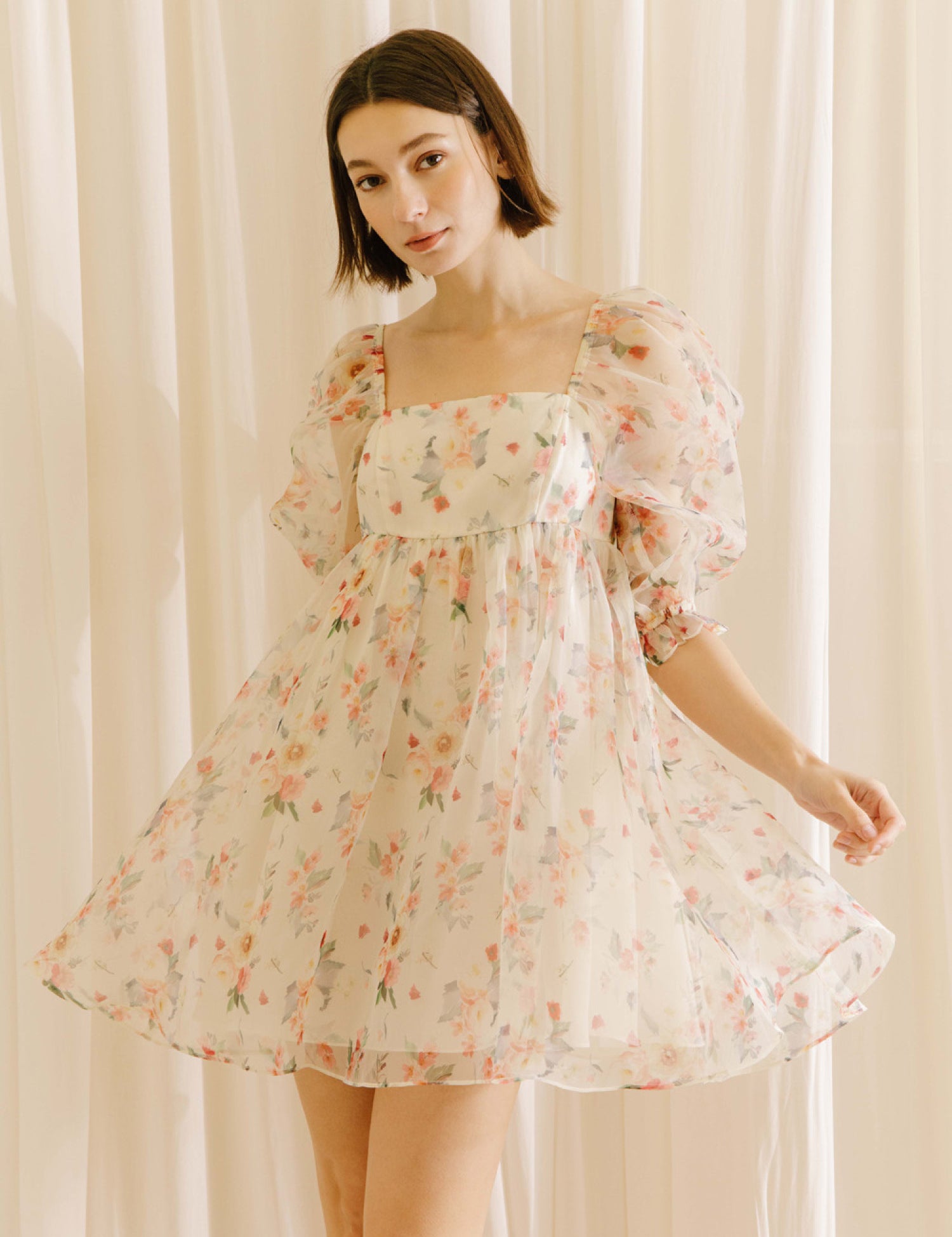 Briar Floral Puff Sleeve Baby Doll Dress Cream Multi