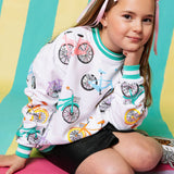 Child Size Bike Sweatshirt with Aqua Sport Stripe White Queen of Sparkles