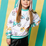 Child Size Bike Sweatshirt with Aqua Sport Stripe White Queen of Sparkles