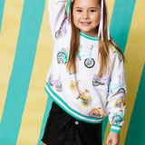 Child Size Bike Sweatshirt with Aqua Sport Stripe White Queen of Sparkles