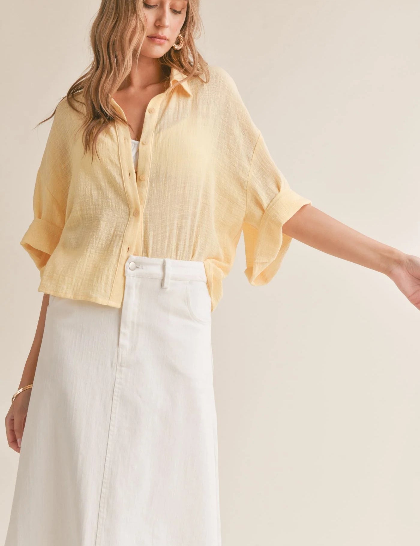 Bird Song Oversized Boxy Cuffed Shirt Lemon