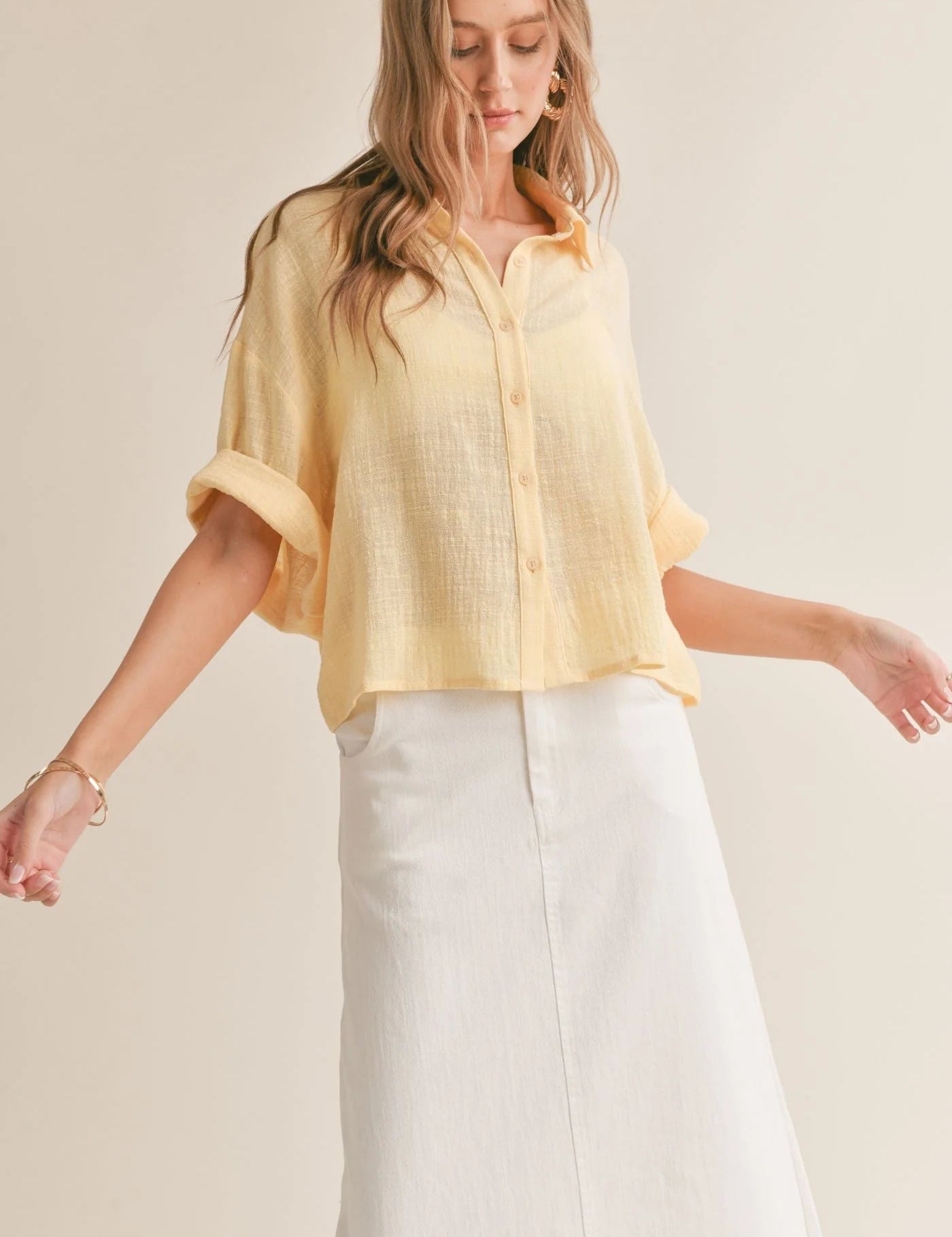 Bird Song Oversized Boxy Cuffed Shirt Lemon