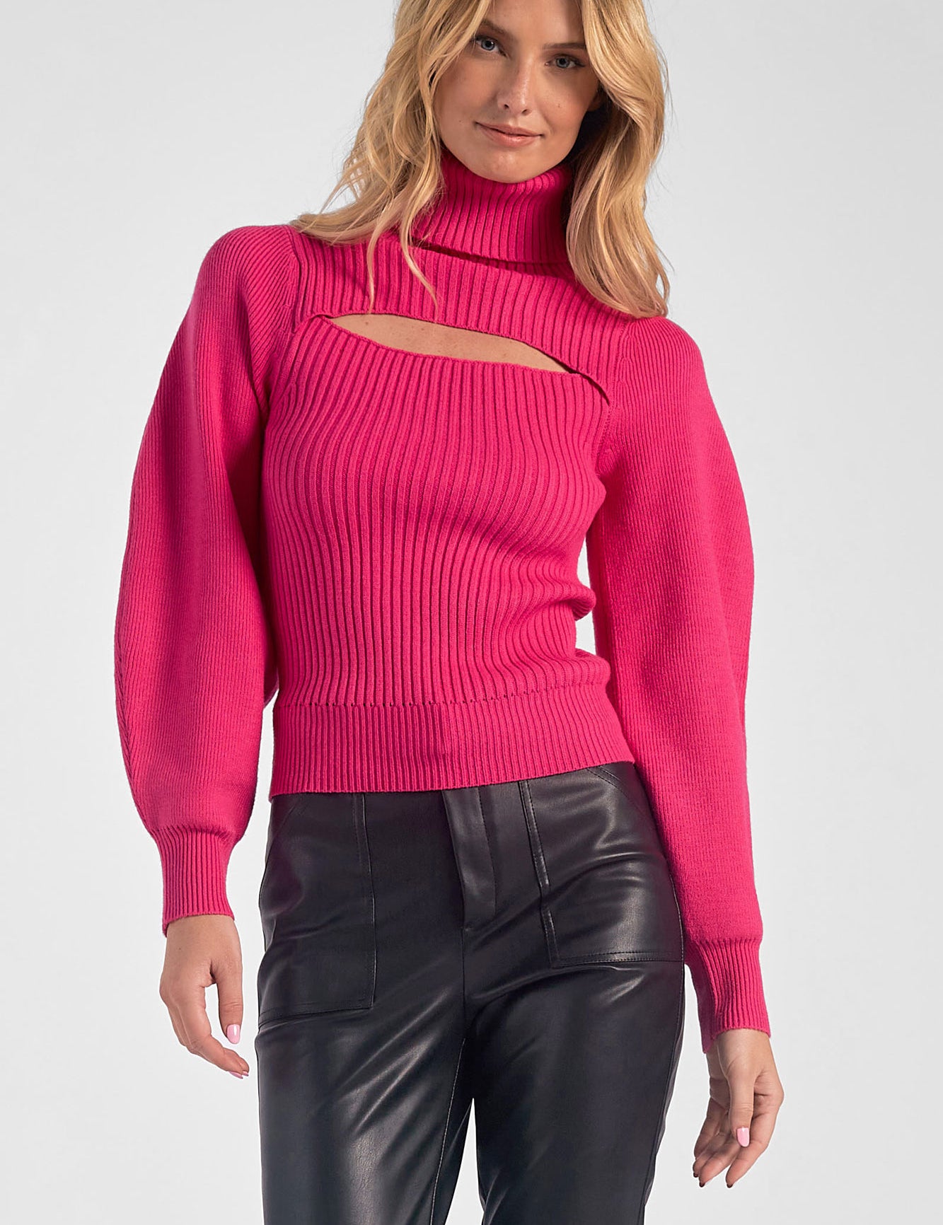 Everly Turtleneck Bubble Sleeve Sweater Fuchsia