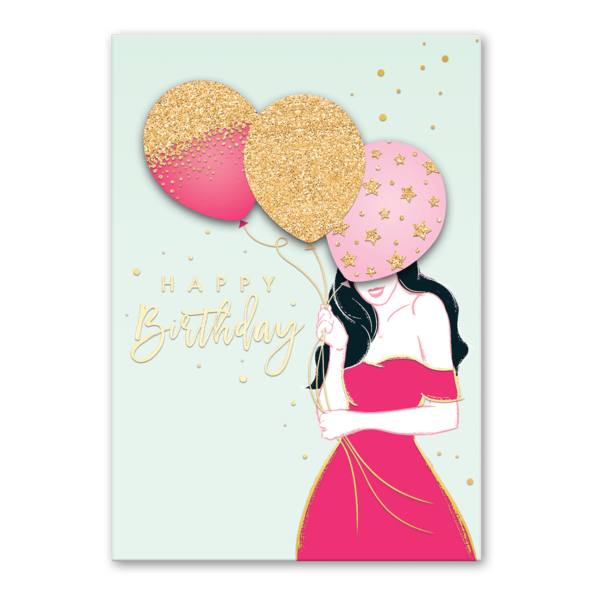 GLITTERY BALLOON BIRTHDAY GIRL GREETING CARD