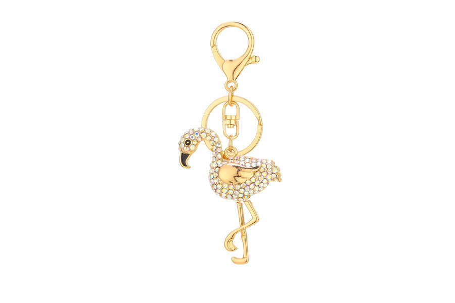 Silver Rhinestone Flamingo Keychain