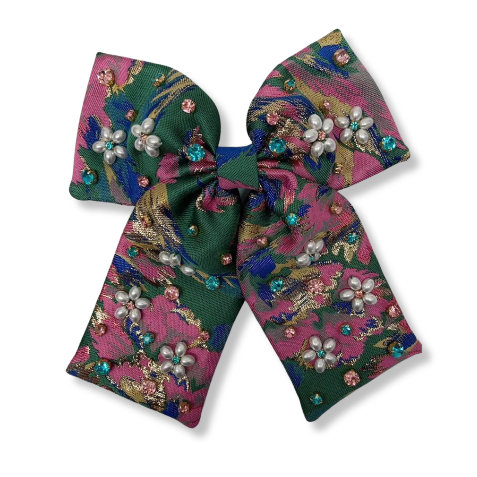 Pearl Flower Green & Pink Brocade Bow Clip [Brianna Cannon]