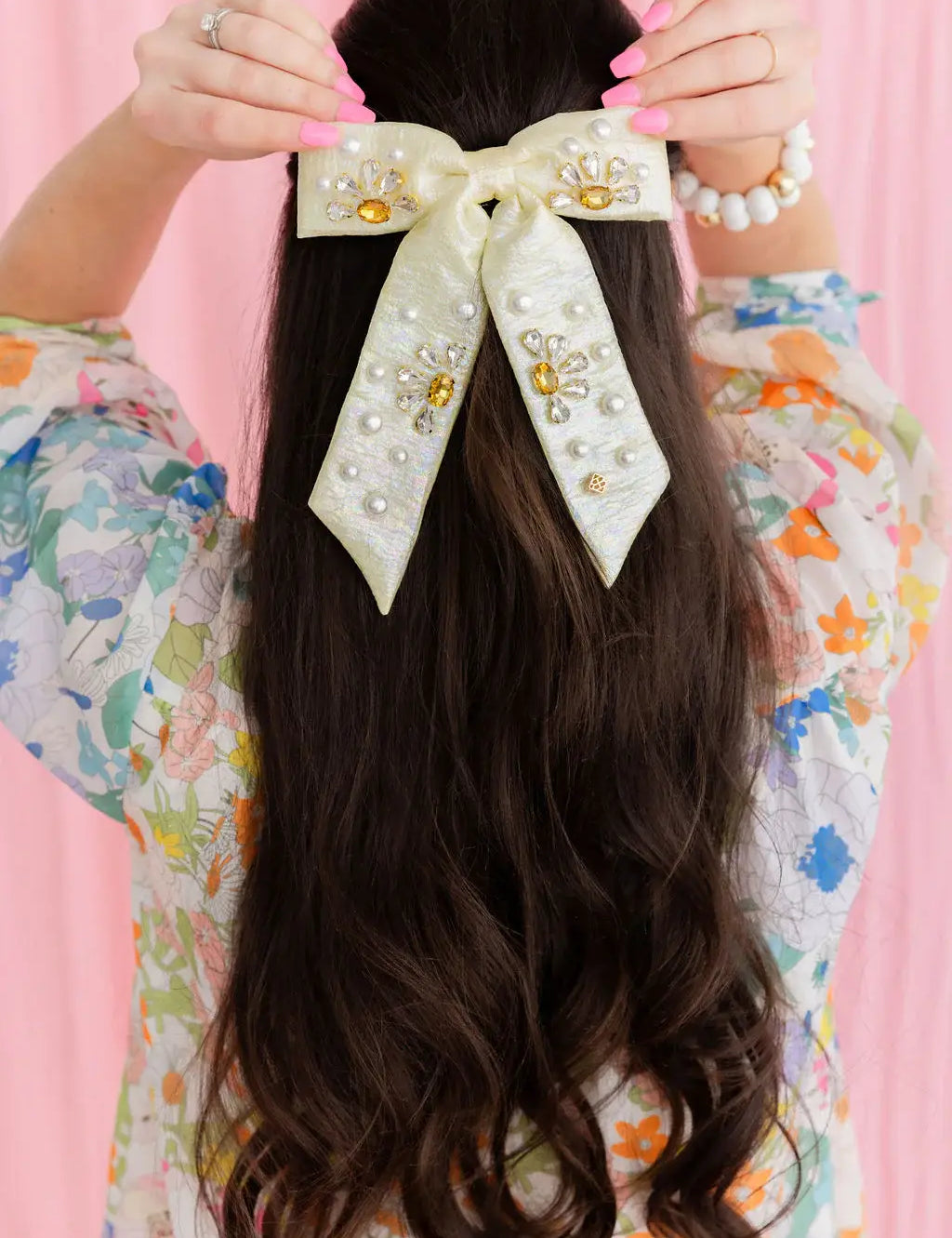 Daisy Crystal and Pearl Yellow Shimmer Bow Barrette [Brianna Cannon]