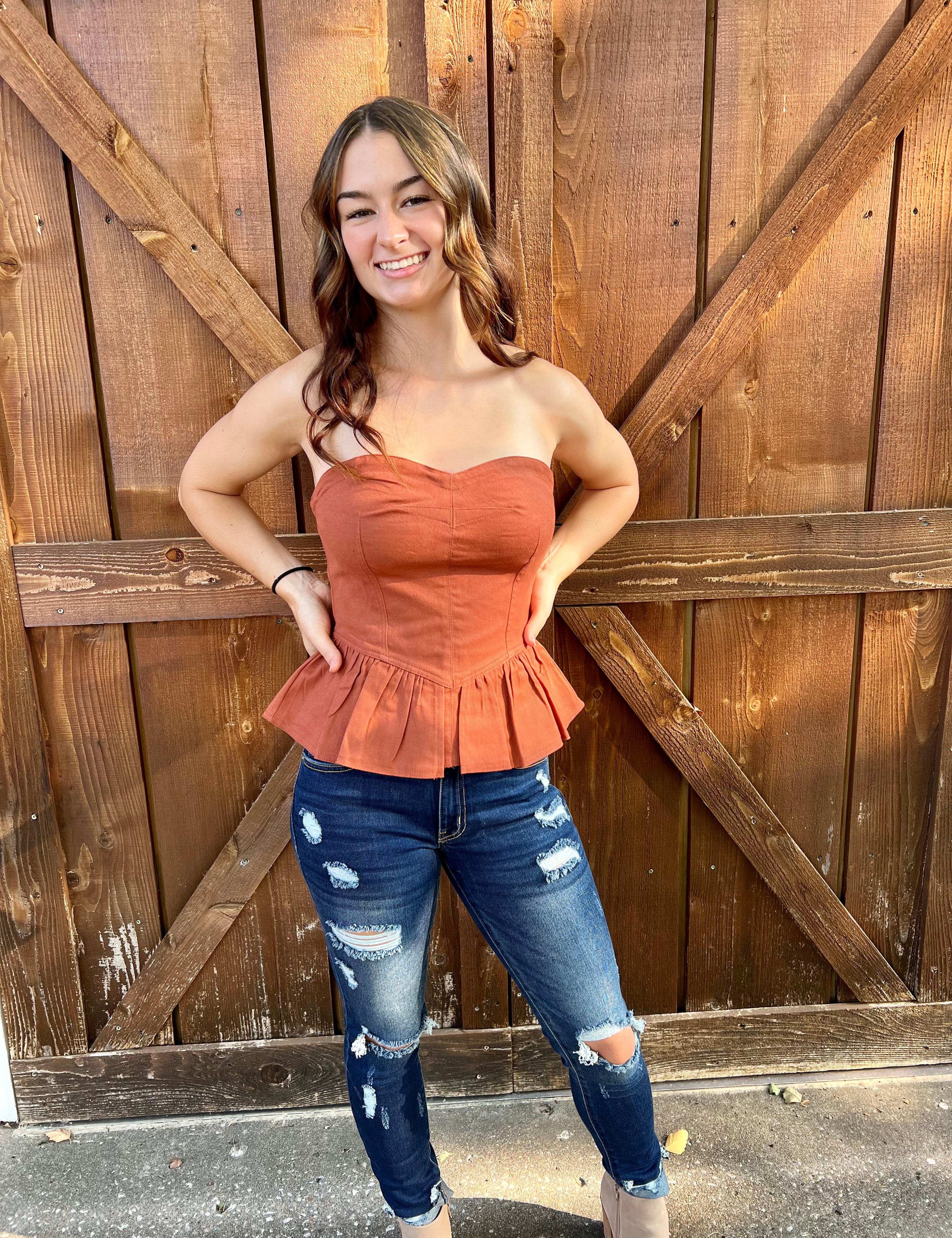 Baby It's Fall Brick Denim Strapless Top